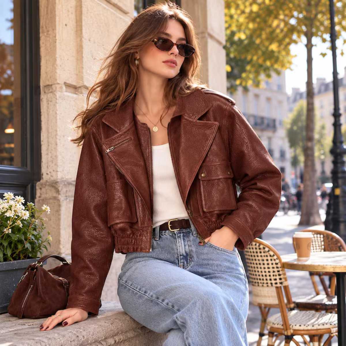 Woman wearing brown oversized leather jacket with jeans