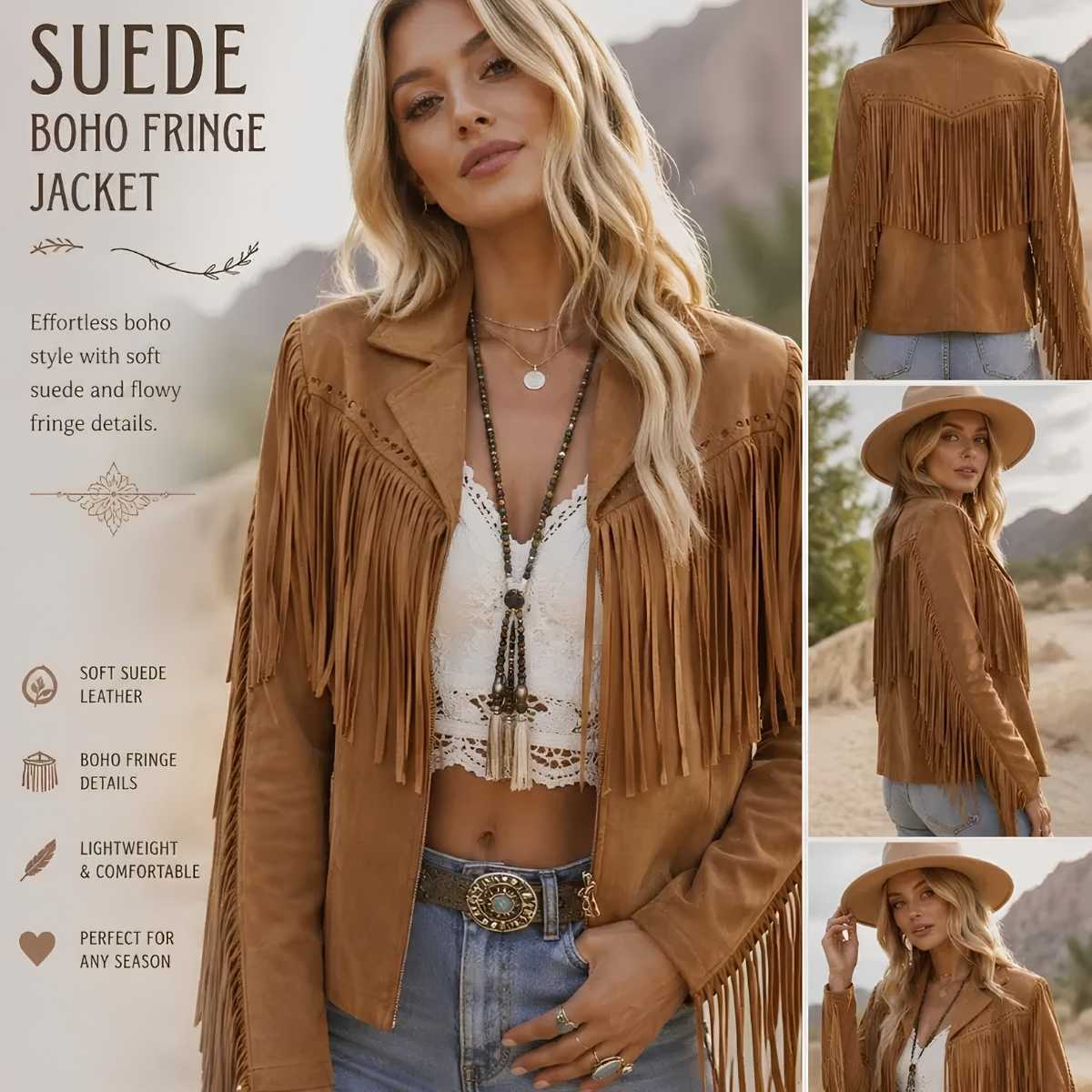 A woman modeling a tan suede boho fringe jacket in an outdoor desert setting, with three smaller inset views showing the back and side of the jacket. Text on the left reads 'SUEDE BOHO FRINGE JACKET' with feature callouts.