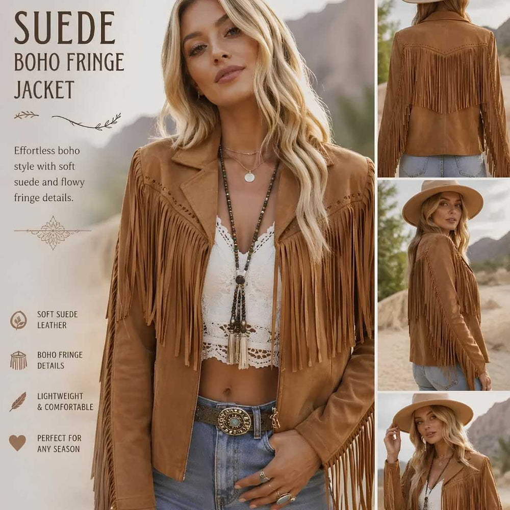 A woman modeling a tan suede boho fringe jacket in an outdoor desert setting, with three smaller inset views showing the back and side of the jacket. Text on the left reads 'SUEDE BOHO FRINGE JACKET' with feature callouts.