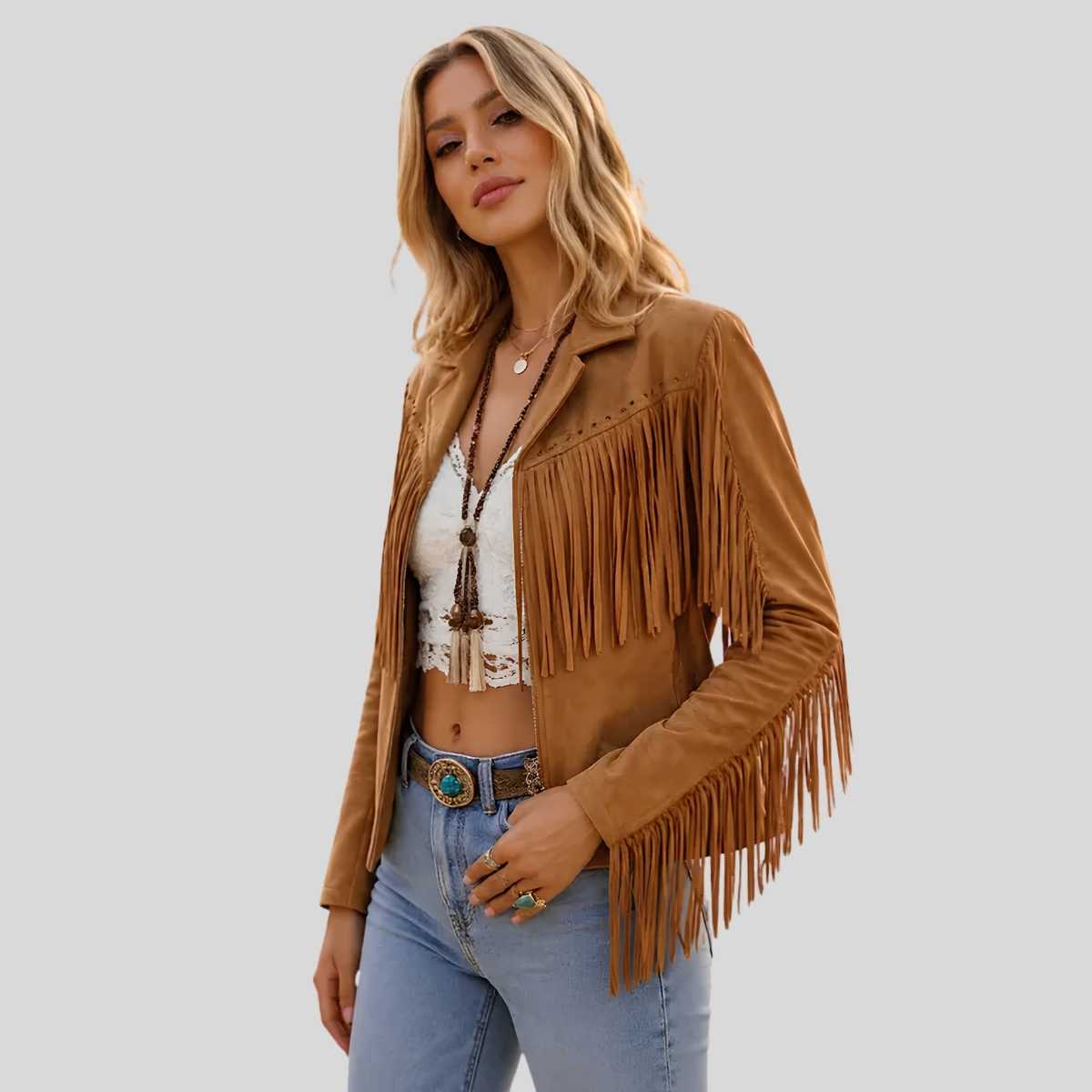 Side profile of women's western suede fringe jacket