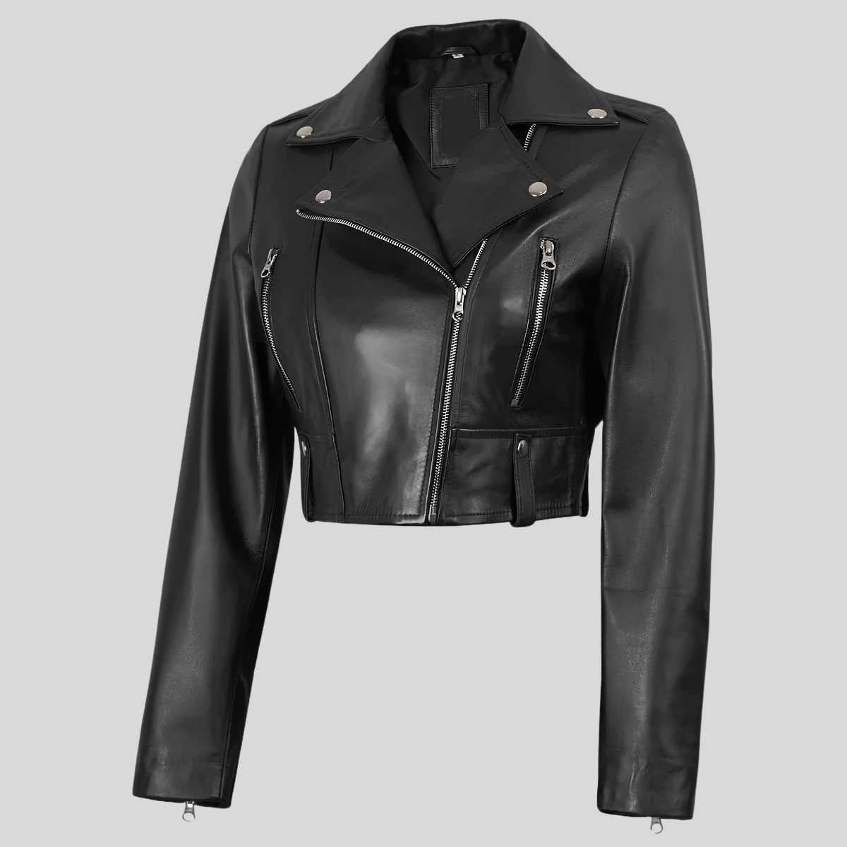 Side profile of women's cropped black leather jacket