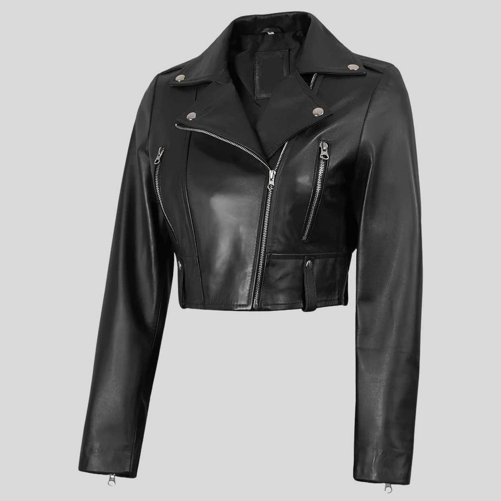 Side profile of women's cropped black leather jacket
