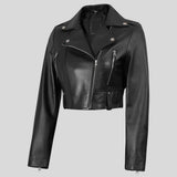 Side profile of women's cropped black leather jacket