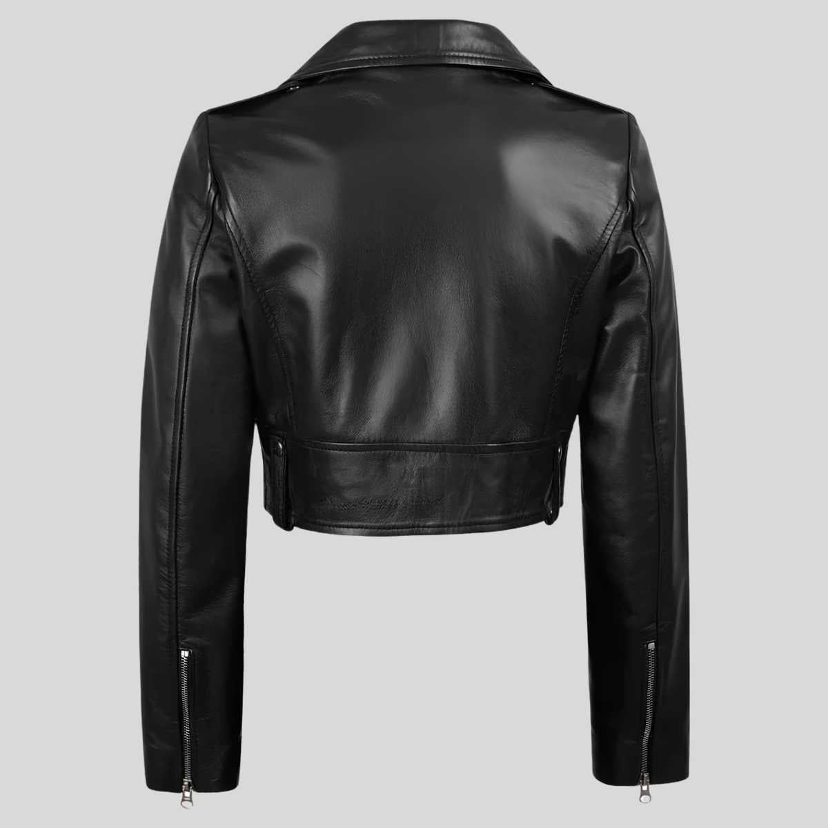 Back view of women's slim-fit cropped leather biker jacket