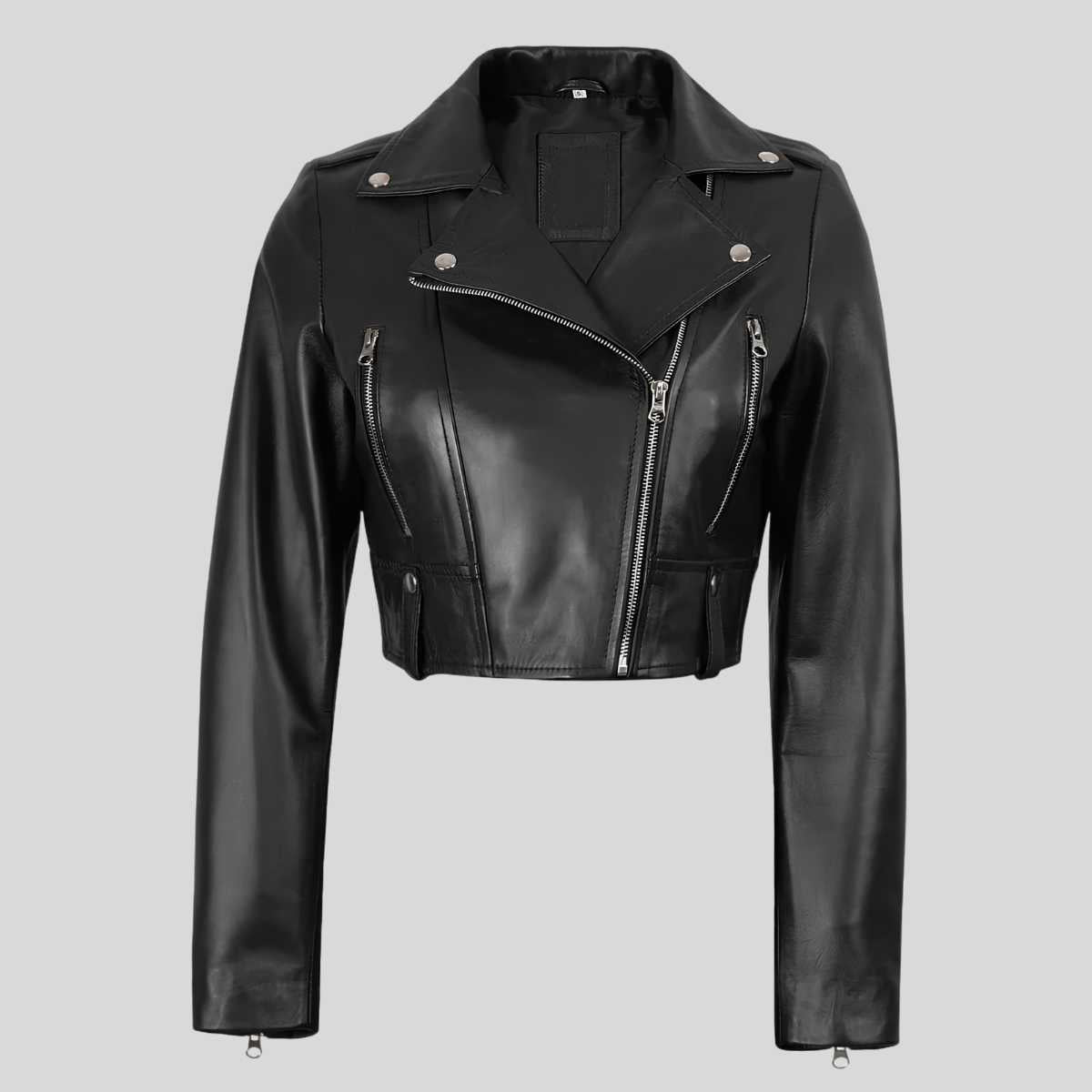 Women's cropped black leather biker jacket, front view