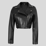 Women's cropped black leather biker jacket, front view