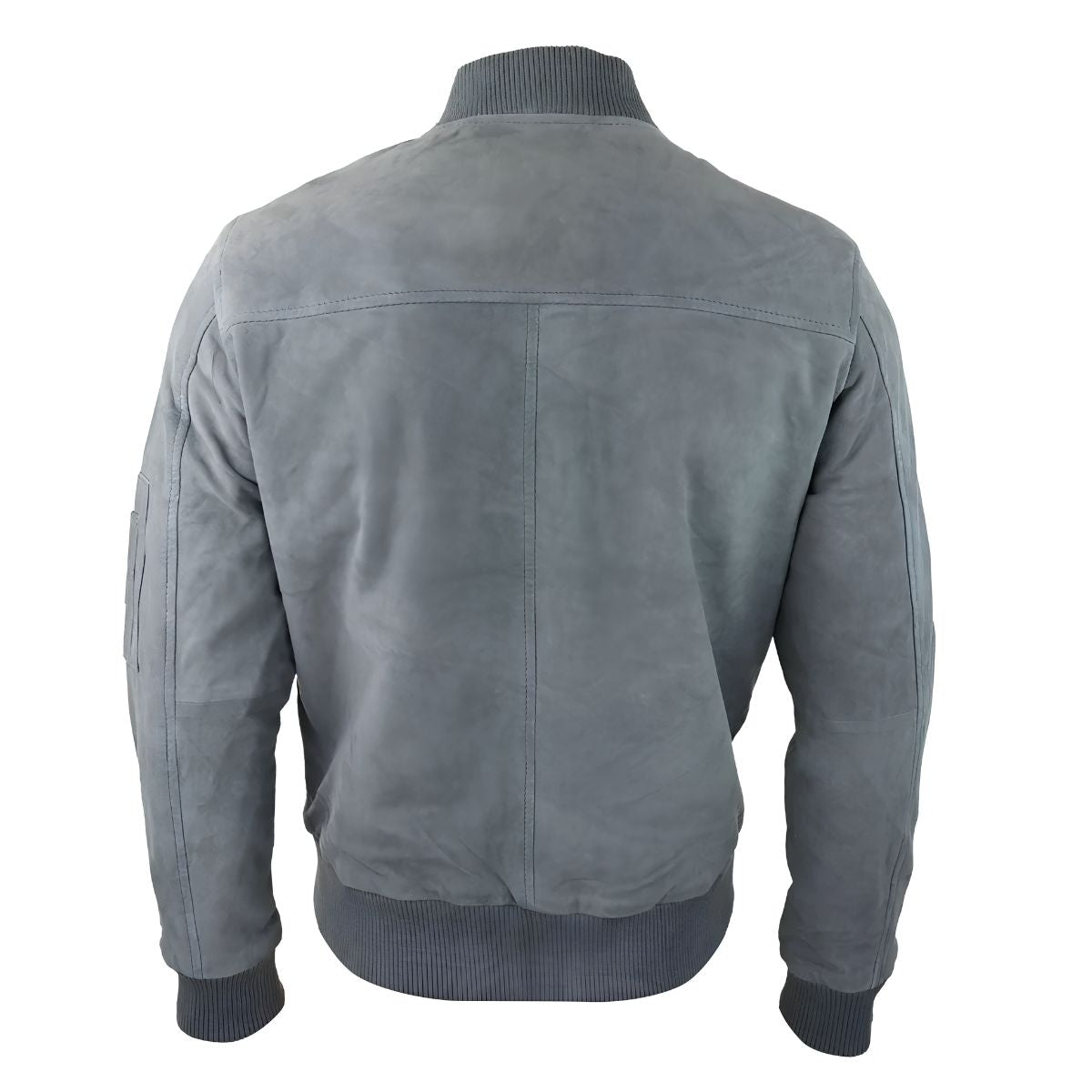 A gray suede bomber jacket shown from the back, featuring a ribbed knit collar, cuffs, and hem, set against a plain white background.