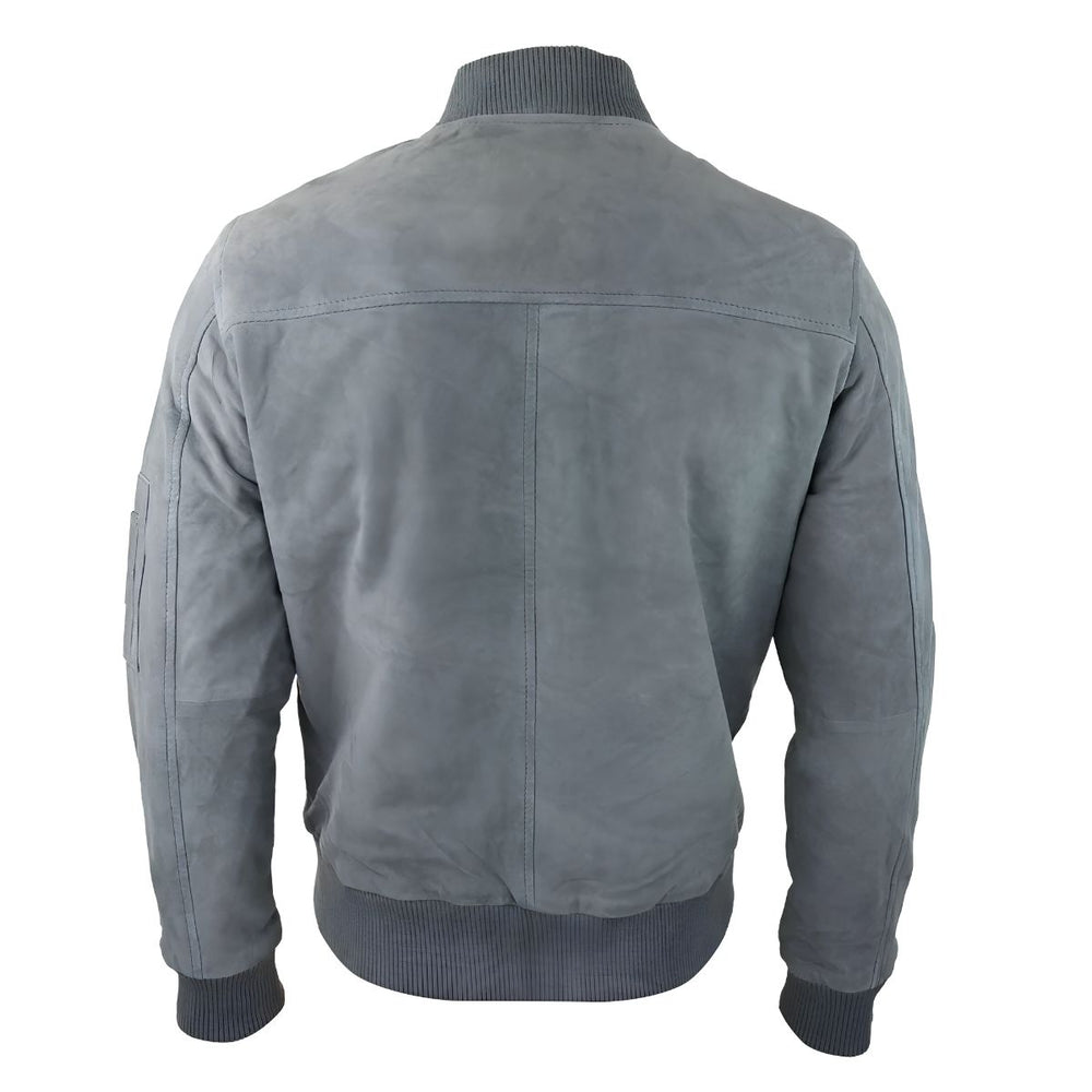 A gray suede bomber jacket shown from the back, featuring a ribbed knit collar, cuffs, and hem, set against a plain white background.