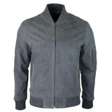 Women's gray suede bomber jacket, front view