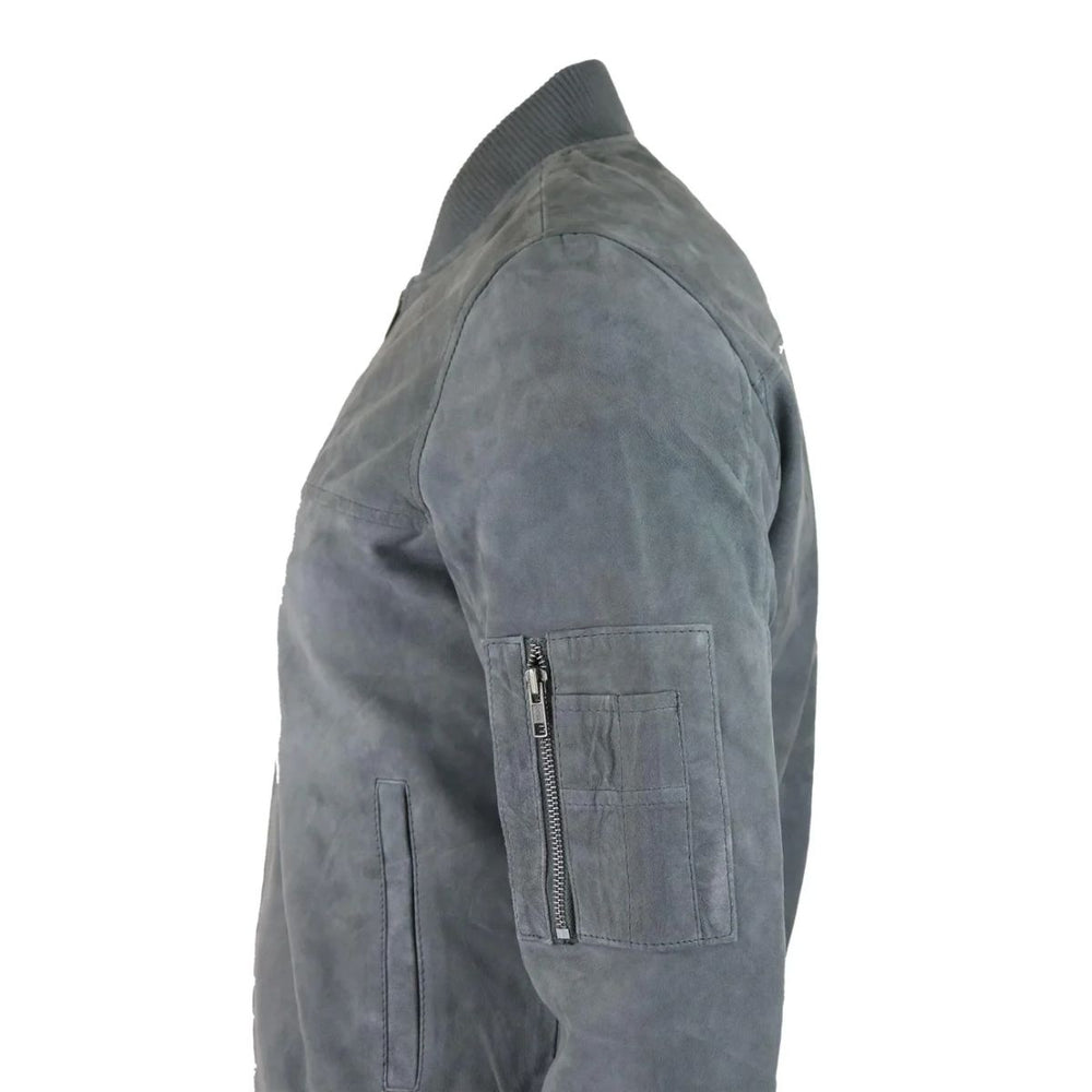 A side profile view of a gray suede jacket with a zippered chest pocket, shown against a plain white background.