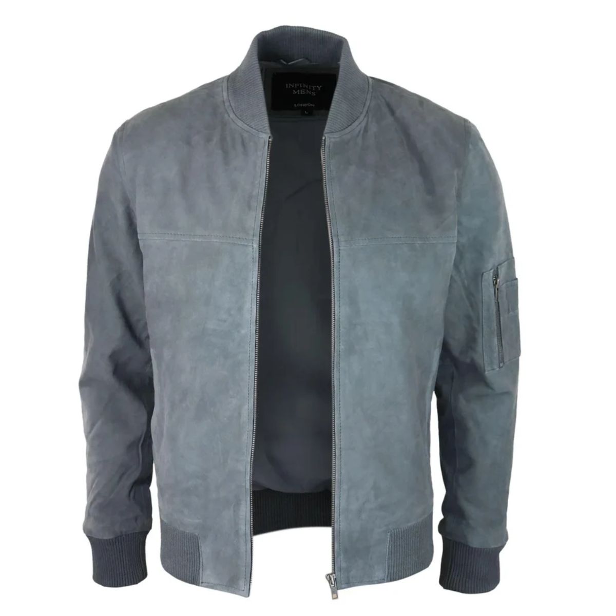 A gray suede bomber jacket with a stand-up collar, front zipper, ribbed cuffs, and a zippered sleeve pocket, shown on a white background.
