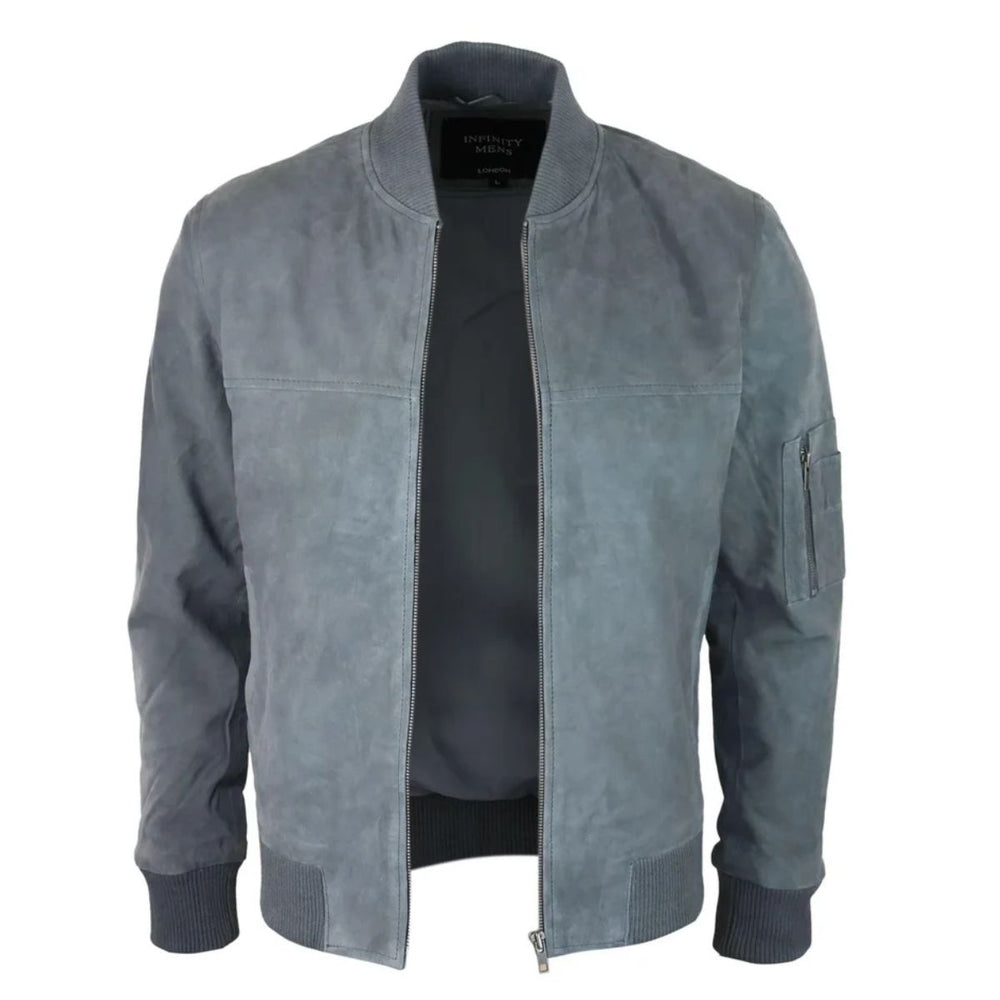 A gray suede bomber jacket with a stand-up collar, front zipper, ribbed cuffs, and a zippered sleeve pocket, shown on a white background.