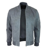 A gray suede bomber jacket with a stand-up collar, front zipper, ribbed cuffs, and a zippered sleeve pocket, shown on a white background.