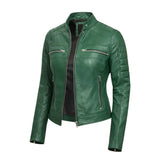 A green faux leather motorcycle jacket with a stand collar, silver zippers, and quilted sleeve panels, displayed on a white background.
