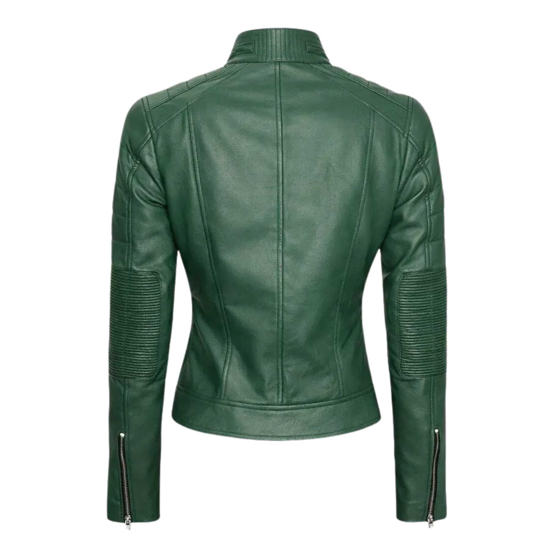 A dark green faux leather motorcycle jacket shown from the back, featuring a high collar, vertical seam detailing, and ribbed knit sleeve panels with zipper accents.