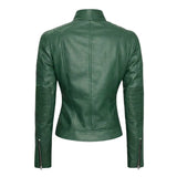 A dark green faux leather motorcycle jacket shown from the back, featuring a high collar, vertical seam detailing, and ribbed knit sleeve panels with zipper accents.