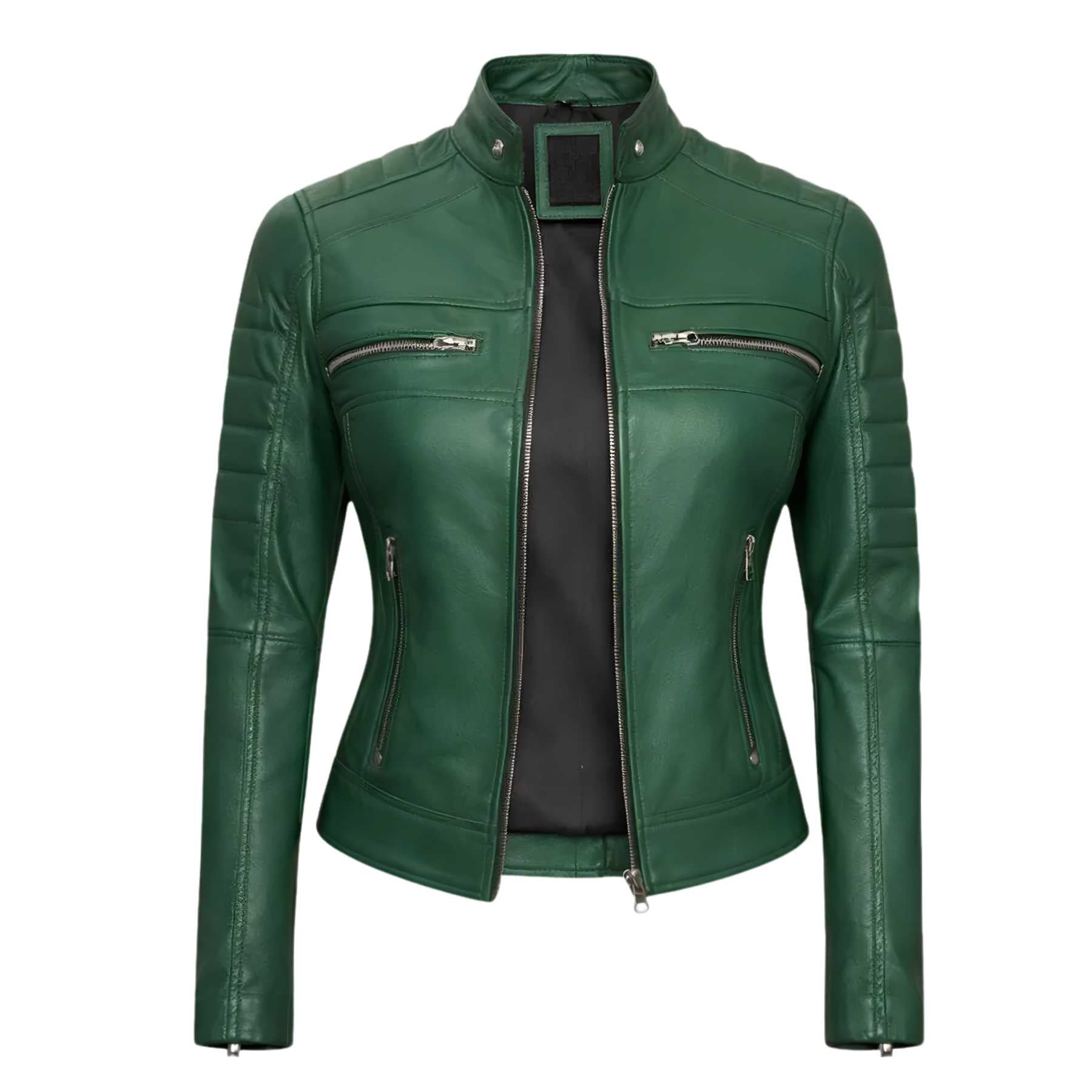A dark green faux leather biker jacket with a stand-up collar, silver zippers, and quilted sleeve panels, displayed on a white background.