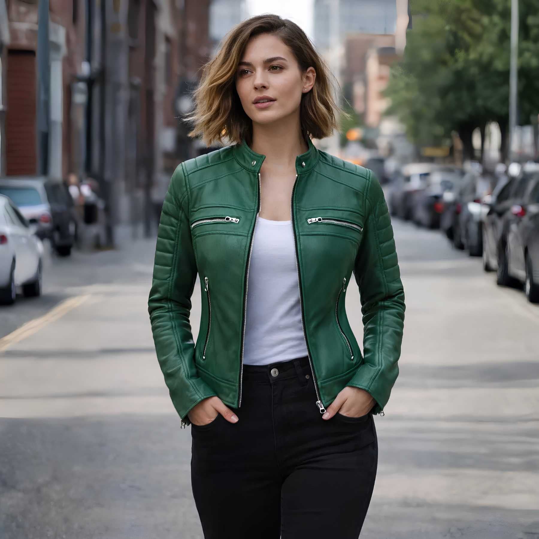 Woman wearing green leather cafe racer jacket with jeans
