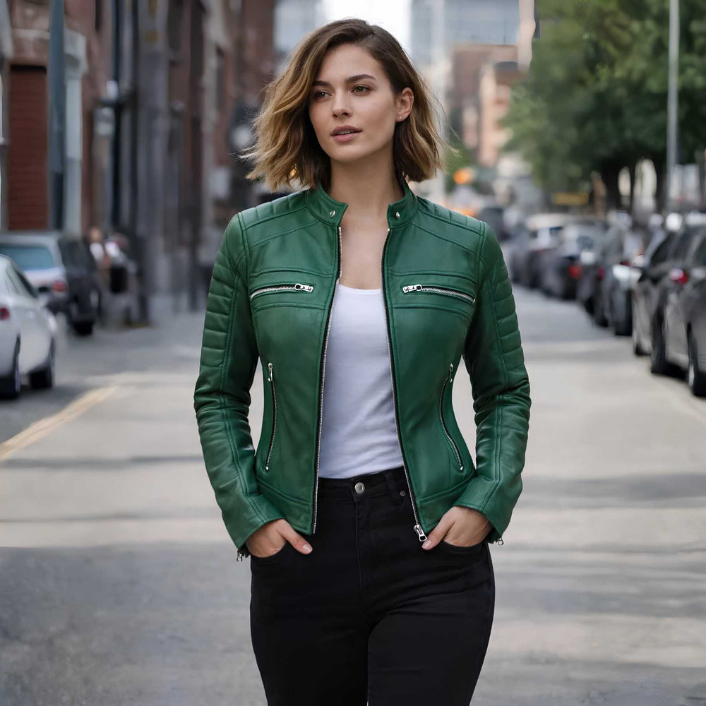 Woman wearing green leather cafe racer jacket with jeans