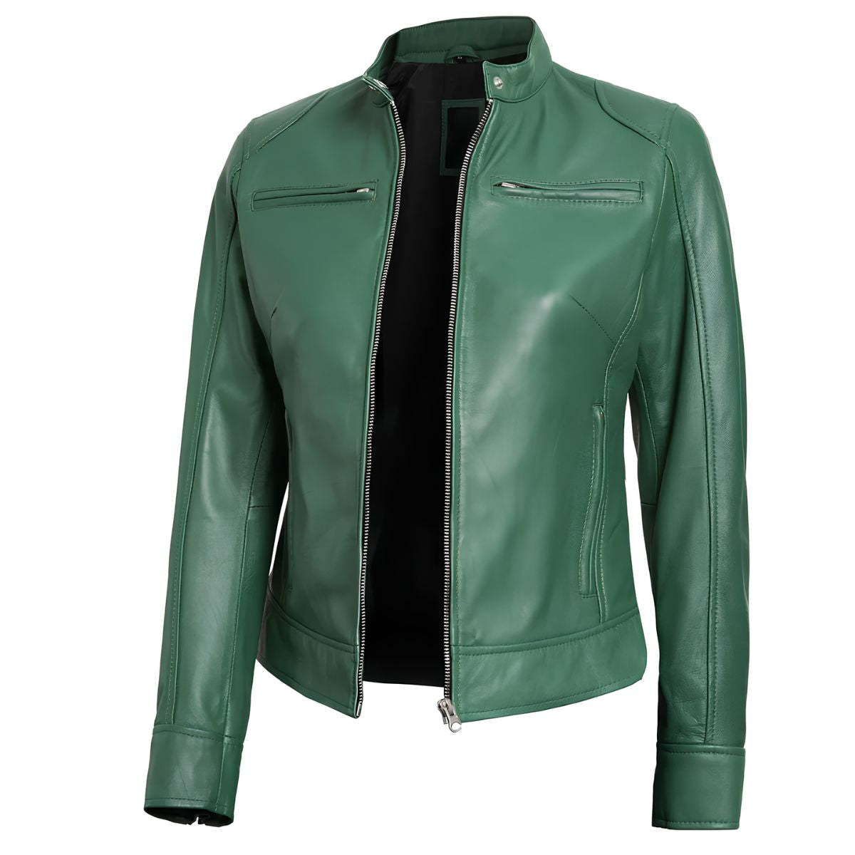 Side profile of women's olive green leather jacket showing zip closure