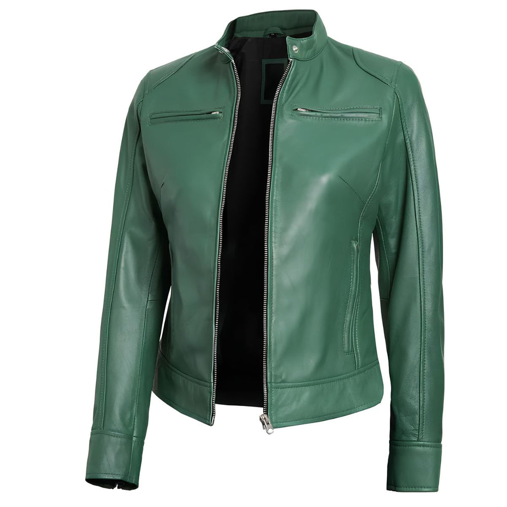 Side profile of women's olive green leather jacket showing zip closure
