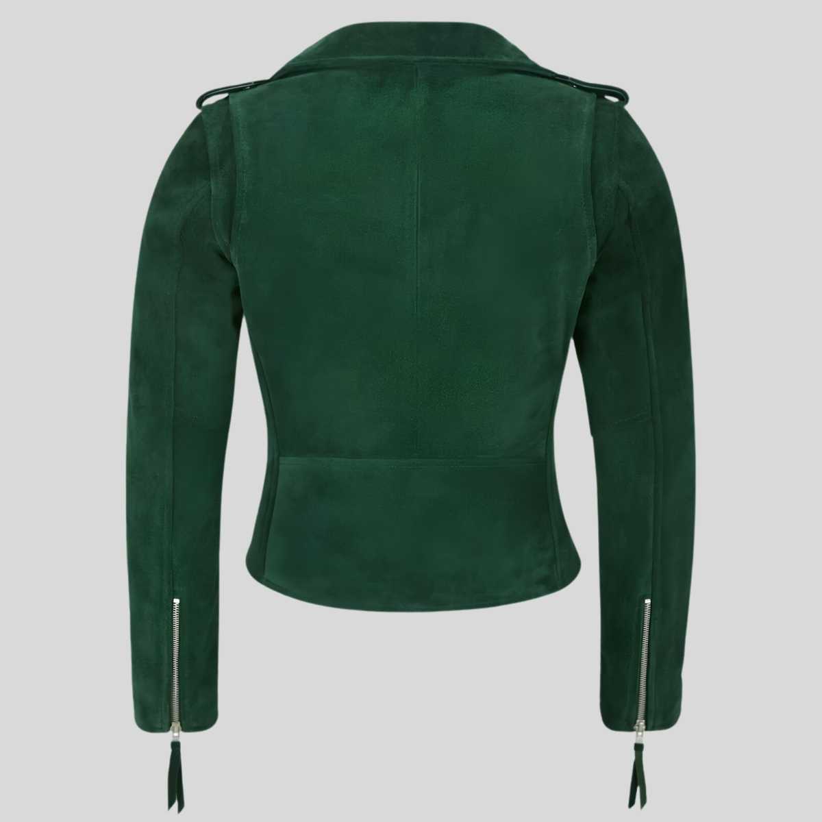Back view of women's green suede moto jacket