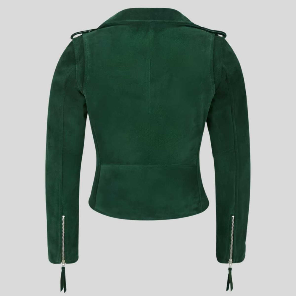 Back view of women's green suede moto jacket