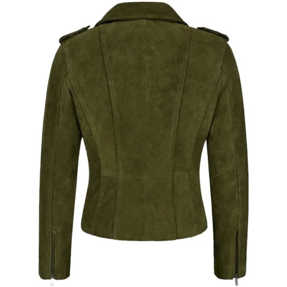 Back view of women's olive suede moto jacket