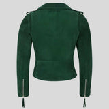Back view of women's green suede moto jacket