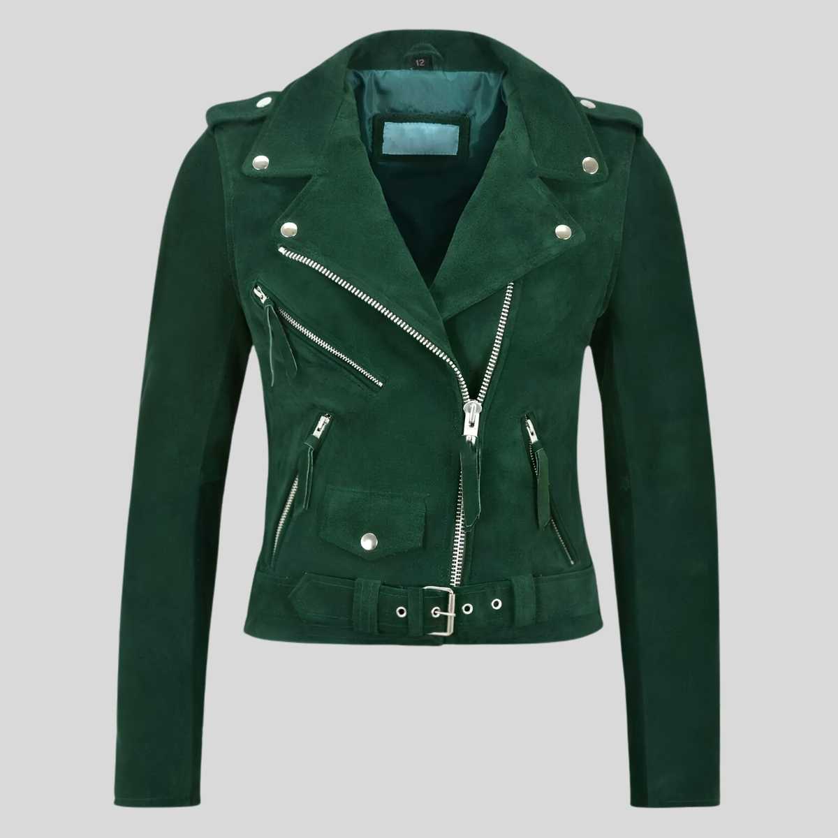 Women's green suede biker jacket, front view
