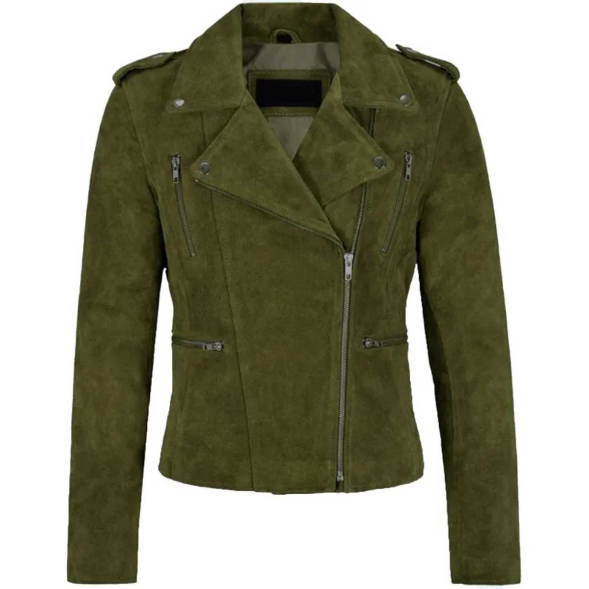 Women's green suede biker jacket with notch collar, front view