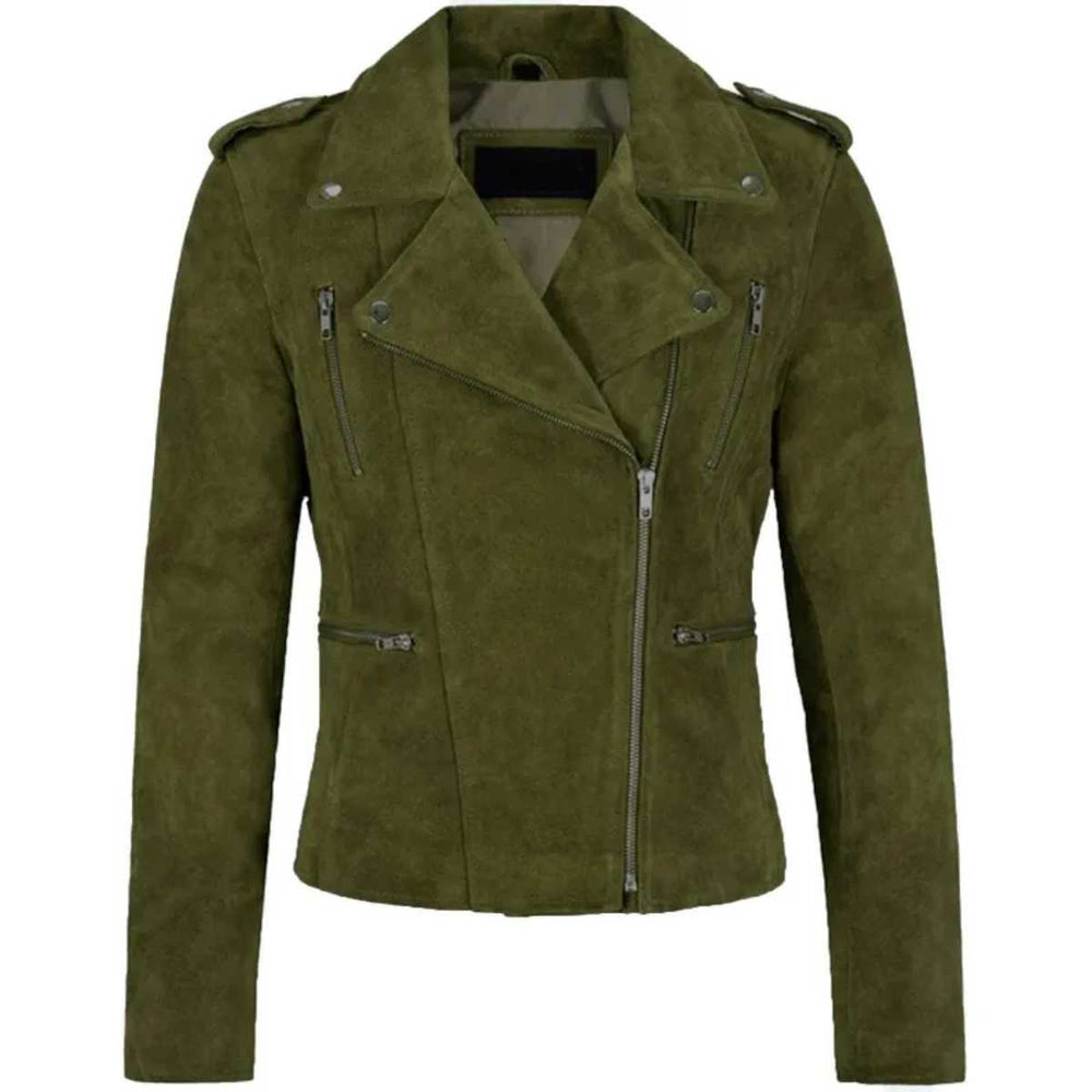 Women's green suede biker jacket with notch collar, front view
