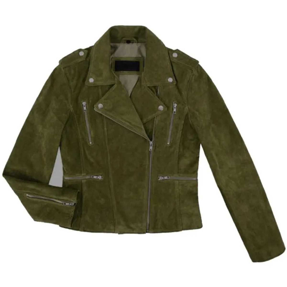 An olive green suede biker jacket with silver zippers and snap details, displayed flat against a white background.