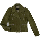 An olive green suede biker jacket with silver zippers and snap details, displayed flat against a white background.