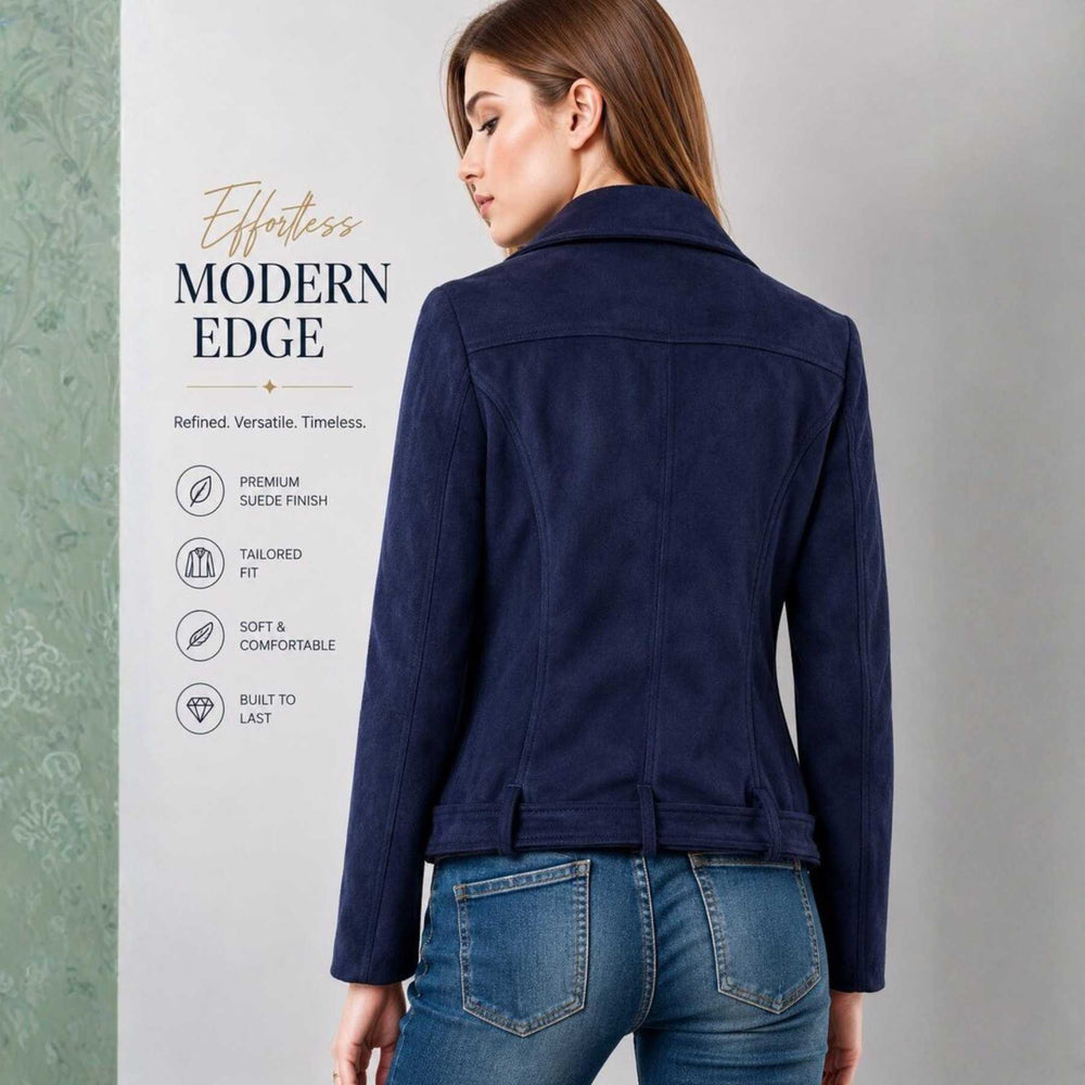 Back view of women's navy suede moto jacket