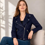 women's navy blue suede biker jacket with notch collar, front view