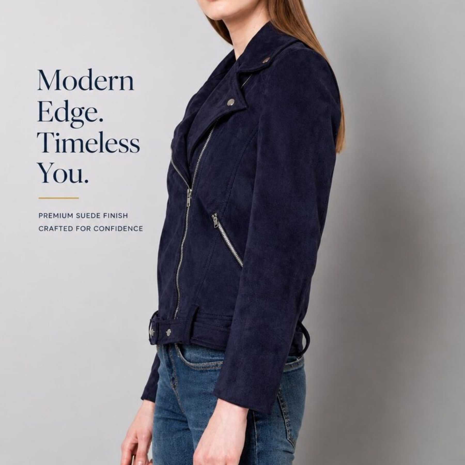 A woman wearing a navy blue suede moto jacket with silver zippers, paired with blue jeans, shown against a light gray background with promotional text on the left.