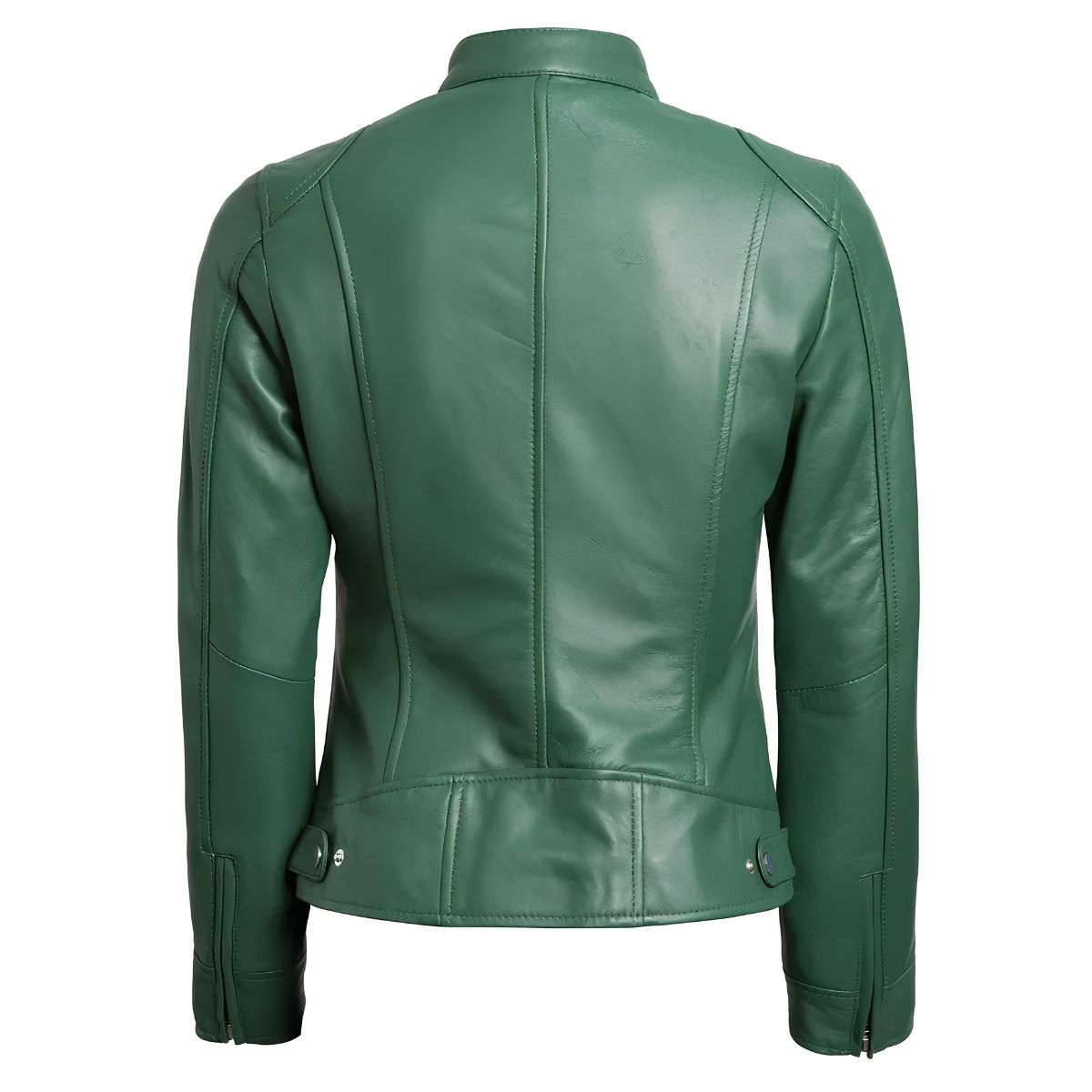 Back view of women's fitted green leather moto jacket