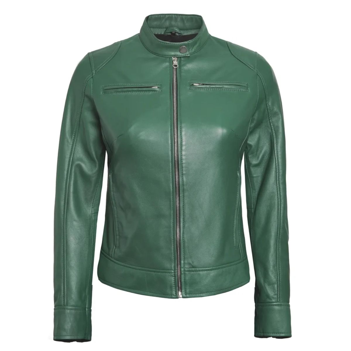 up: Close-up of stand collar and zip pocket on olive green leather jacket