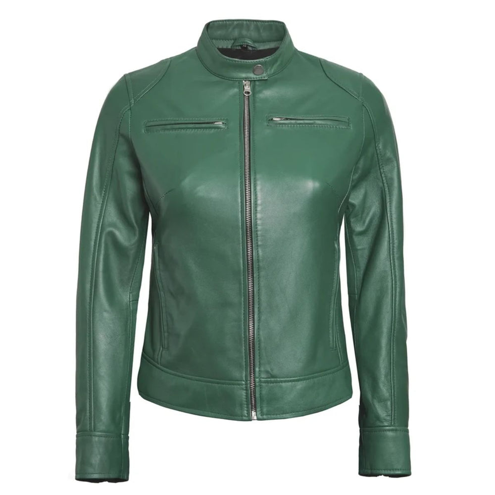 up: Close-up of stand collar and zip pocket on olive green leather jacket