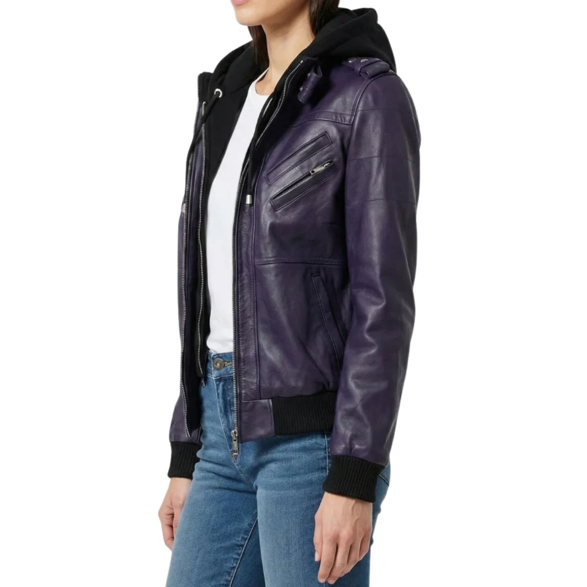 Side profile of women's purple leather jacket showing epaulette tabs