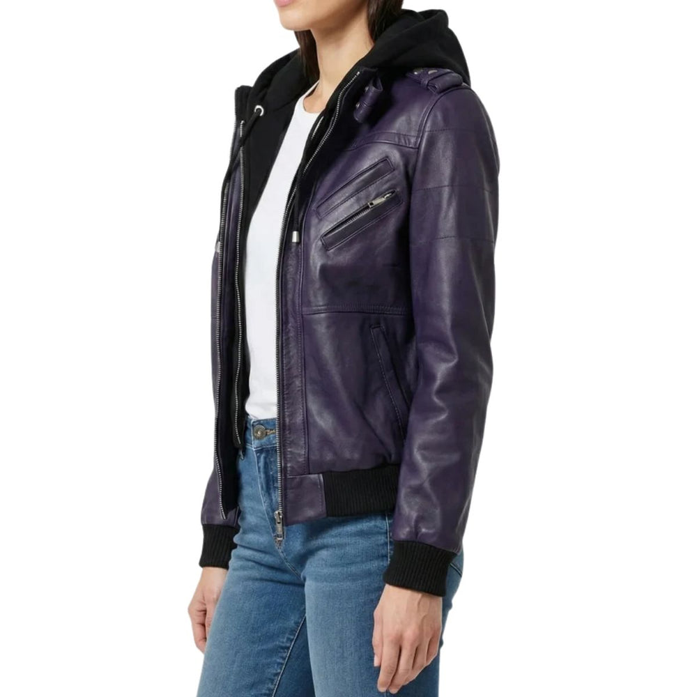 Side profile of women's purple leather jacket showing epaulette tabs
