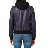 Back view of women's purple hooded leather jacket