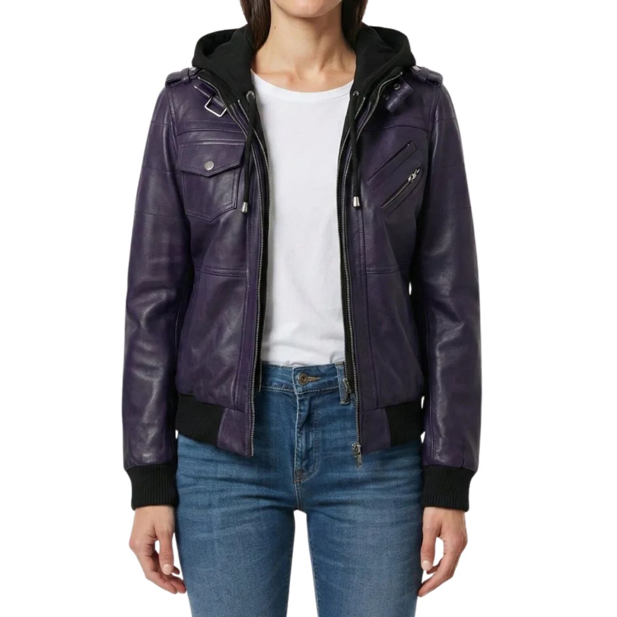 Women's purple real leather jacket with removable hood, front view