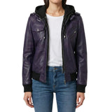 Women's purple real leather jacket with removable hood, front view