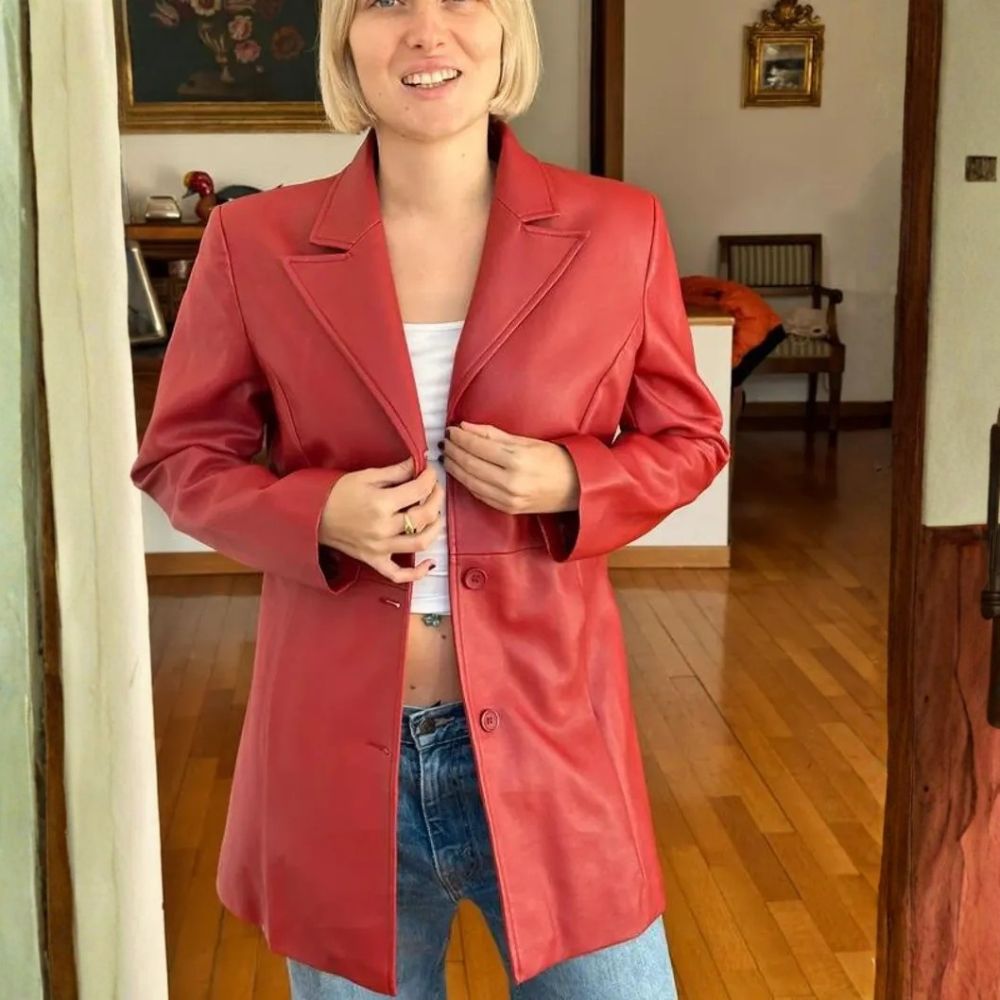 Women's red leather blazer with notch lapel, front view