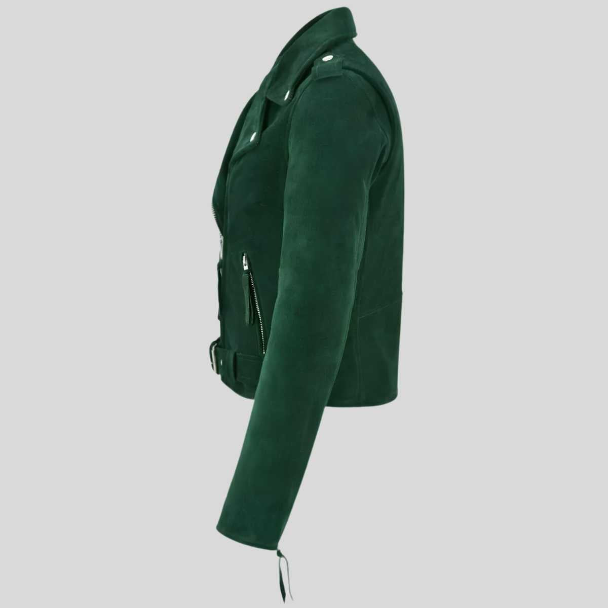 Side profile of women's suede biker jacket showing waist belt