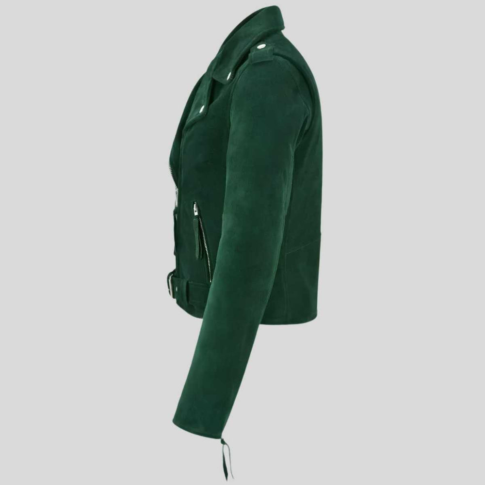Side profile of women's suede biker jacket showing waist belt