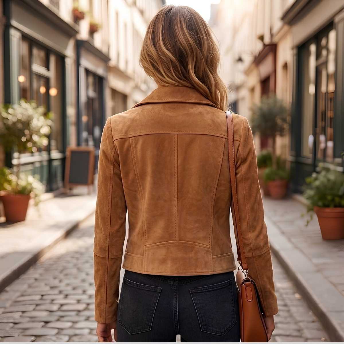 Back view of women's slim-fit suede biker jacket