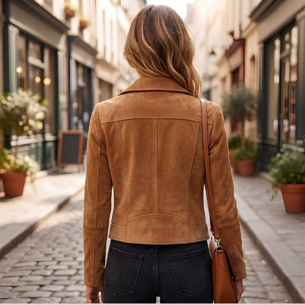 Back view of women's slim-fit suede biker jacket